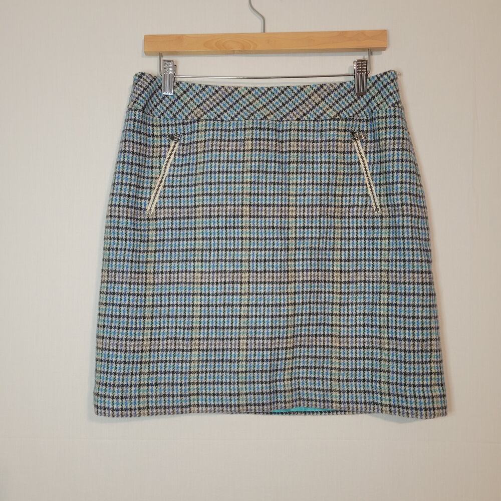 Talbots plaid wool blend pencil skirt size 8P blue office career academia preppy